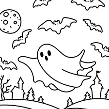 Ghost With Flying Bats Coloring Page