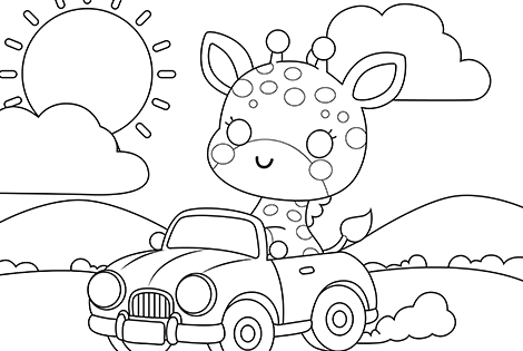 Giraffe Driving A Car Coloring Page