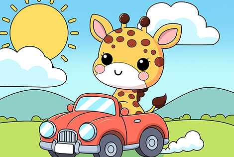 Giraffe Driving A Car Coloring Page