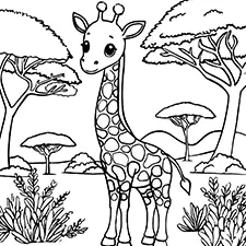 Giraffe In The Savannah Colouring Page