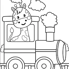 Giraffe On The Train Coloring Page Black & White