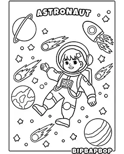 a girl astronaut in space with rockets, planets and meteors