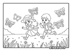 a girl and a boy running through a flower meadow chasing butterflies