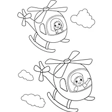 Girl & Boy Flying Helicopter Coloring Page Black & White