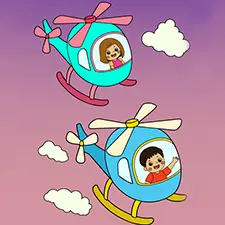 Girl & Boy Flying Helicopter Coloring Page