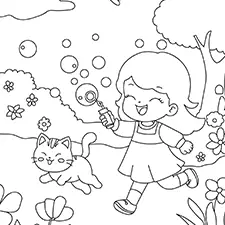 Girl With A Cat Blowing Bubbles Coloring Page