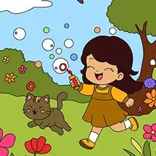 Girl With A Cat Blowing Bubbles Picture