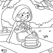 Girl Eating A Cake In The Forest Coloring Page