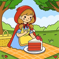 Girl Eating A Cake In The Forest Coloring Page