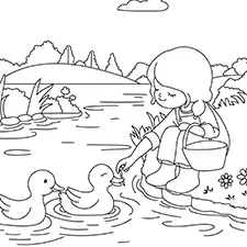 Girl Feeding Ducks Coloring Page