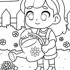 Girl Watering Plants In The Garden Coloring Page Black & White