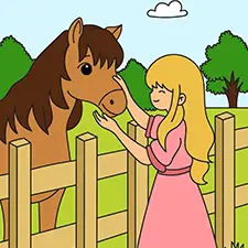 Girl Petting A Horse Coloring Page