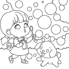 Girl Playing Bubbles Coloring Page Black & White