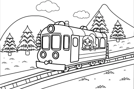 Girl On A Red Train Coloring Page Black & White