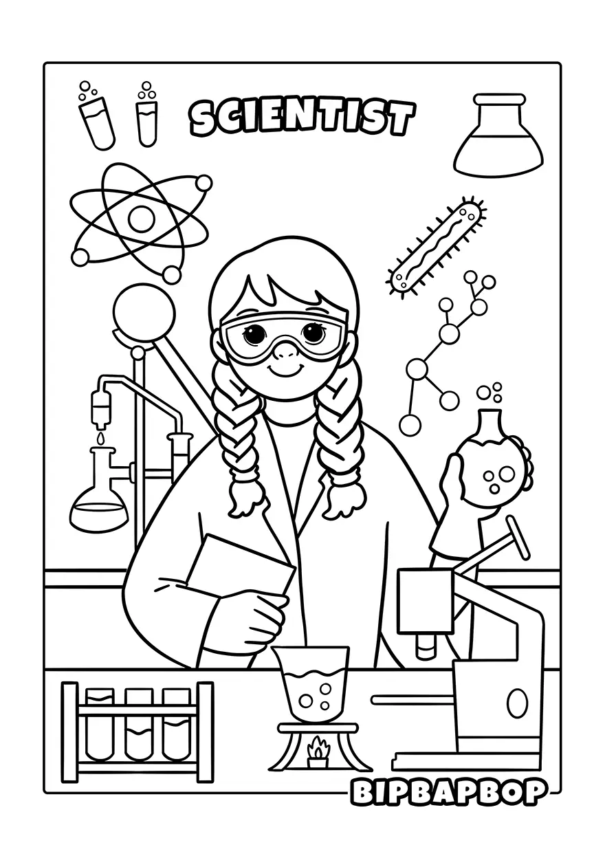 a girl scientist in a laboratory with scientific equipment like test tubes and bunsen burners