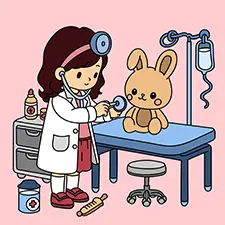 Girl Treating A Bunny Stuffed Toy Coloring Page