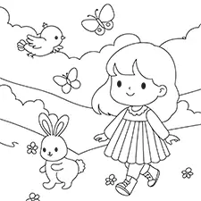 Girl Having A Walk With Animals Coloring Page