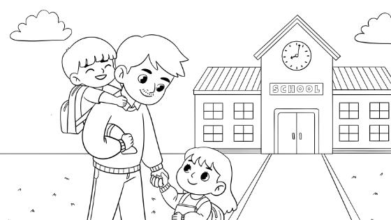 Dad And Child Going To School Coloring Page