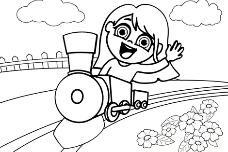 Happy Girl On A Train Coloring Page Black & White