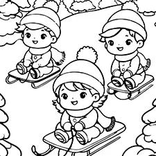 Happy Kids Sledding Coloring Page Black & White