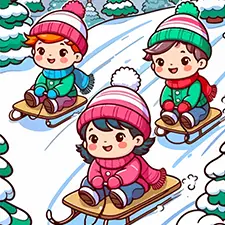 Happy Kids Sledding Coloring Page