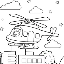 Hippo Flying Helicopter Coloring Page Black & White