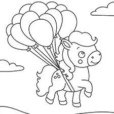 Horse With Balloons Floating Off The Ground Coloring Page