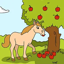 Horse Eating An Apple From A Tree Coloring Page