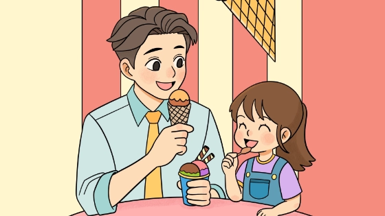 Dad and Child Having Ice Cream Coloring Page