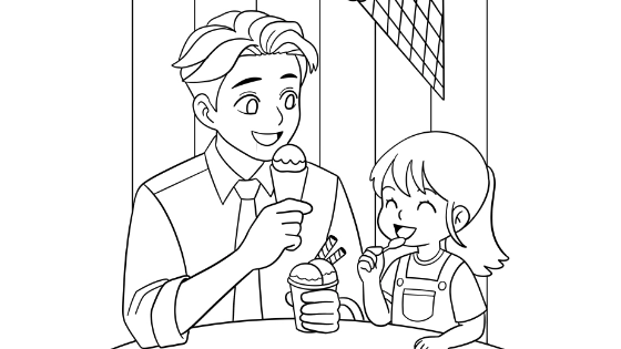 Dad and Child Having Ice Cream Coloring Page