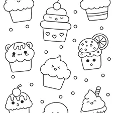 Kawaii Cupcakes Coloring Page