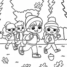 Kids Exploring An Autumn Forest Coloring Page Black & White