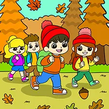 Kids Exploring An Autumn Forest Coloring Page