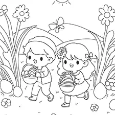 Kids Hunting Easter Eggs Coloring Page