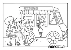 an ice cream van with a line of kids queuing for ice cream