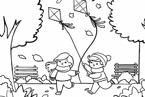 Kids Flying A Kite Coloring Page Black & White