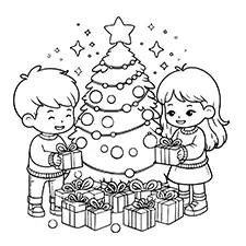 Kids With Presents Coloring Page Black & White