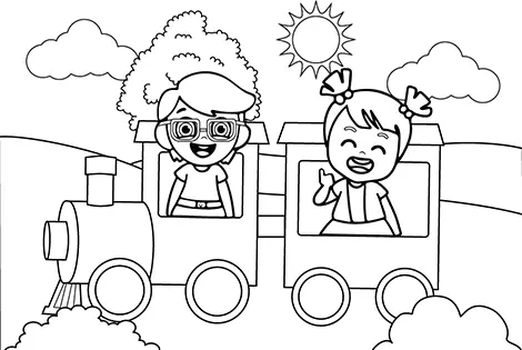 Kids On A Train Coloring Page Black & White