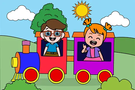 Kids On A Train Coloring Page