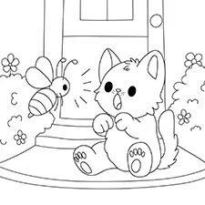 Kitten Shocked By A Bee Coloring Page