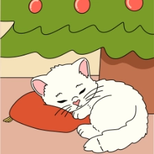 Kitten Sleeping Under The Christmas Tree Coloring Page