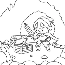 Knight With A Treasure Box In A Cave Coloring Page