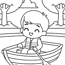 Boy Rowing A Boat On The Lake Coloring Page Black & White