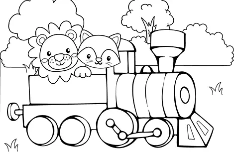 Lion & Cat On A Train Coloring Page Black & White