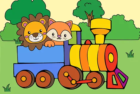 Lion & Cat On A Train Coloring Page