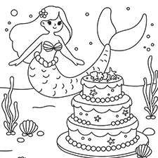 Mermaid With A Cake Underwater Coloring Page