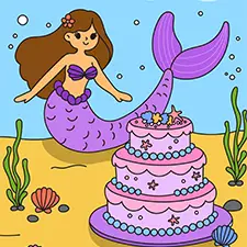 Mermaid With A Cake Underwater Coloring Page