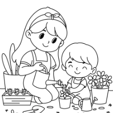 Mom and Child Gardening Coloring Page