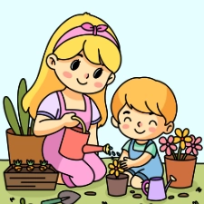 Mom and Child Gardening Coloring Page