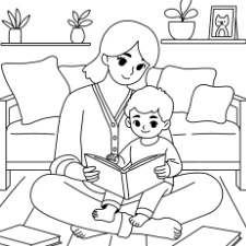 Mom and Child Reading Coloring Page